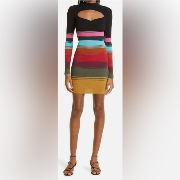 STAUD Clara Stripe Cutout Ribbed Long Sleeve Sweater Dress, sz S - Picture 1 of 15